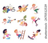 Falling kids. Cartoon children fall down accident, school students stumble on wet floor, fell child characters walk injury danger, vector illustration of accident drop from skate or bicycle