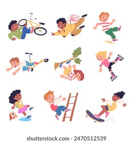 Falling kids. Cartoon children fall down accident, school students stumble on wet floor, fell child characters walk injury danger, vector illustration of accident drop from skate or bicycle