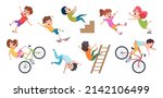 Falling kids. Dangerous situations with childrens outdoor running and falling exact vector concept templates