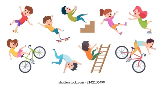 Falling kids. Dangerous situations with childrens outdoor running and falling exact vector concept templates