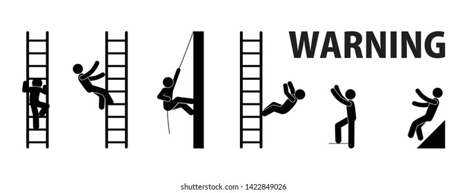 Falling From A Ladder, Warning Sign, Character Set Stick Figure Man, Work At Height Illustration, Pictorama People
