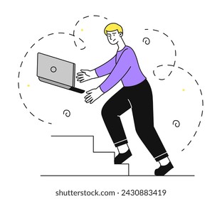 Falling laptop on stairs linear. Man with gadget and device. Unsuccessful young guy. Accident indoor. Poster or banner. Simple flat vector illustration isolated on white background