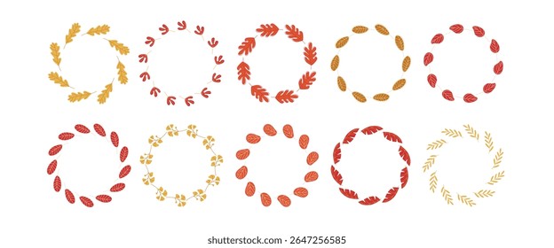 Falling leaf frame set. Leaves wreaths, doodle sketch style isolated on white background. Beautiful Wreaths of Yellow and Red Leaves. Natural print for autumn festival. Season greeting card