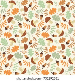 Falling leaves, acorns, mushrooms. Autumn seamless vector pattern.