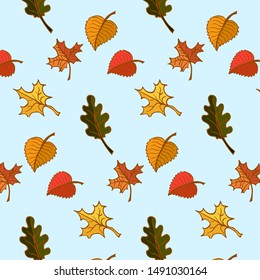 Falling leaves against the blue sky. Autumn background. Hand drawn of doodles. Vector seamless pattern.