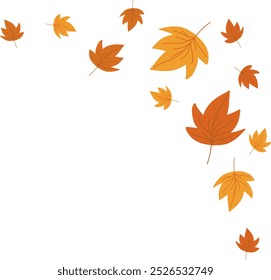 Falling Leaves Autumn Corner Border. Leaf swirls border. Flat doodle fall cartoon element. Vector illustration isolated on transparent background