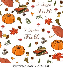 Falling leaves, autumn. Halloween pattern illustration. Pumpkin pattern for Halloween design. Vector illustration as blank for designer, logo, icon, textile