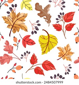 Falling leaves autumn seamless pattern.Autumn seamless background with different leaves and plants of seasonal colors.Design for print, paper, wallpaper, textiles, packaging.Vector illustration