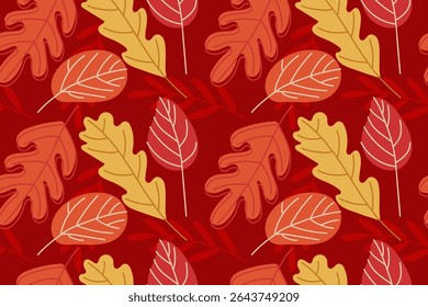Falling leaves background. Seamless pattern with Autumn leaves in orange, red colors. Vector illustration in doodle style. Repeated background for wallpaper, wrapping, packing, textile, scrapbooking.