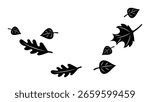Falling Leaves Blowing in the Wind. Black Silhouette Vector of Autumn Tree Leaves Scattered by Air Flow, Minimal Seasonal Illustration, Decorative Nature Element for Print, Design, or Sticker