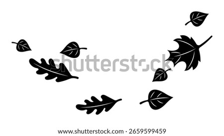 Falling Leaves Blowing in the Wind. Black Silhouette Vector of Autumn Tree Leaves Scattered by Air Flow, Minimal Seasonal Illustration, Decorative Nature Element for Print, Design, or Sticker