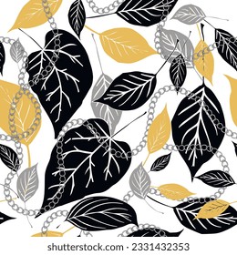 falling leaves and chains seamless pattern. Autumn leaves vector background. Branches and leaves colorful ornaments. Repeat leafy backdrop with plants. Modern isolated design on white. Endless texture