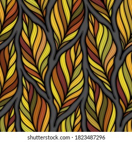 Falling leaves colorful vector illustration. Decorative autumn leaves beautiful seamless pattern. Hand drawn organic lines