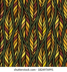 Falling leaves colorful vector illustration. Decorative autumn leaves beautiful seamless pattern. Hand drawn organic lines
