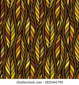 Falling leaves colorful vector illustration. Decorative autumn leaves beautiful seamless pattern. Hand drawn organic lines