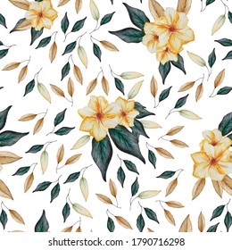 Falling leaves and flowers in different colors and shapes. Beautiful autumn print in seamless pattern. Suitable for wrapping paper, postcards, merchandise, wallpaper or textiles