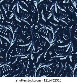 Falling Leaves Indigo Pattern Seamless Vector.  Faded Denim Blue Batik Style Leaf Texture for Textile Prints, Japan Decor, Summer Fashion Prints, Nature Packaging, Backdrop, Ethnic Indonesian Fabric.