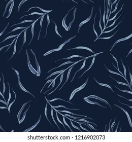 Falling Leaves Indigo Pattern Seamless Vector. Faded Denim Blue Batik Style Leaf Texture for Textile Prints, Japan Decor, Summer Fashion Prints, Nature Packaging, Backdrop, Ethnic Indonesian Fabric.