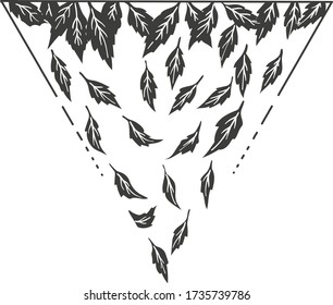 Falling leaves inscribed in a triangle. Day and night change picture. Black and white vector picture.