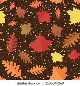 Falling leaves of oak and maple on dark background. Seamless autumn pattern - vector illustration for decor. Flat elements printing on wrappers, covers or wallpaper.