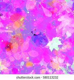 Falling leaves on purple ink. Abstract seamless background