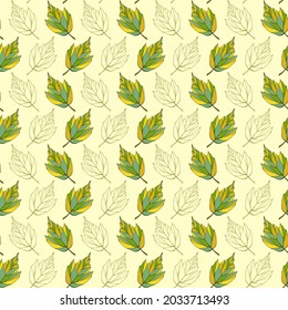 Falling leaves outline seamless pattern. Foliage boundless background. Pastel fall endless texture. Nude green leaves repeating surface design. Web page background.
