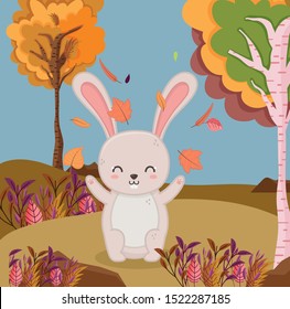 falling leaves rabbit forest tree foliage hello autumn vector illustration