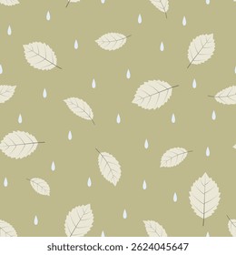 Falling leaves and raindrops on a yellow-green background. Seamless pattern under clipping mask, convenient for editing. Vegetable background for paper, cover, textile, wallpapers.
