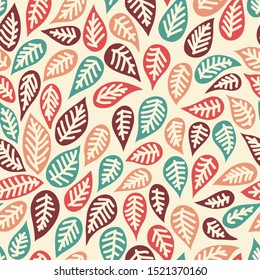 Falling leaves in repeating seamless wallpaper pattern in vector background design, warm retro color palette of blue green, coral pink, peach, dark burgundy red, and beige, colors are editablce