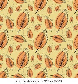 Falling leaves seamless pattern. Hand drawn line art leaves upon abstract shapes of autumn yellow and orange colors. Best for textile, wallpapers, wrapping paper, package and home decoration.
