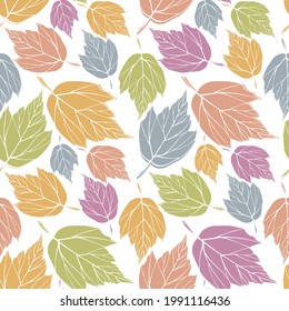 Falling leaves silhouettes seamless pattern. Multicolored foliage boundless background. Pastel herbal endless texture. Leaves contours repeating surface design. Cute colorful botanic backdrop.