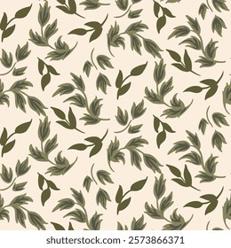 Falling leaves in spiral shapes. Subtle color palette of green and dark green on beige background. Simple nature seamless vector repeat pattern. Great for home decor, fabric, wallpaper, gift wrap.