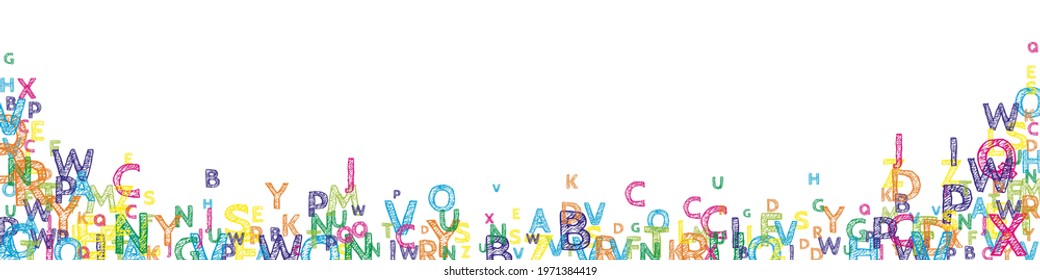Falling letters of English language. Bright handdrawn flying words of Latin alphabet. Foreign languages study concept. Beautiful back to school banner on white background.