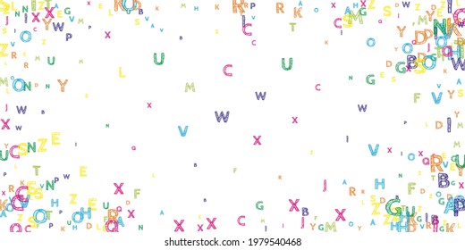 Falling letters of English language. Bright handdrawn flying words of Latin alphabet. Foreign languages study concept. Immaculate back to school banner on white background.