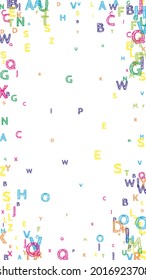 Falling letters of English language. Bright handdrawn flying words of Latin alphabet. Foreign languages study concept. Flawless back to school banner on white background.
