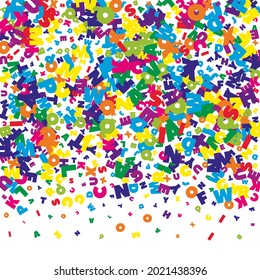 Fallende Briefe englischer Sprache. Helle fliegende Wörter des lateinischen Alphabets. Fremdsprachen lernen Konzept. Rechtlos zurück zu Schulbanner auf weißem Hintergrund.