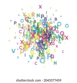 Falling letters of English language. Bright handdrawn flying words of Latin alphabet. Foreign languages study concept. Admirable back to school banner on white background.