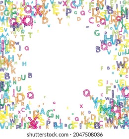 Falling letters of English language. Bright handdrawn flying words of Latin alphabet. Foreign languages study concept. Enchanting back to school banner on white background.