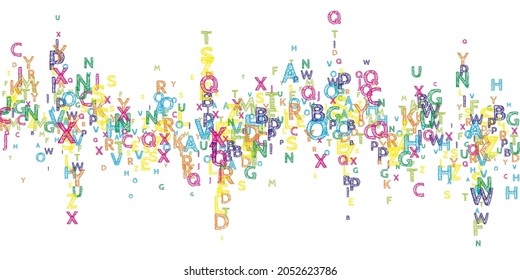 Falling letters of English language. Bright handdrawn flying words of Latin alphabet. Foreign languages study concept. Good-looking back to school banner on white background.