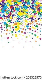 Cartas en inglés que caen. Palabras voladoras brillantes del alfabeto latino. Concepto de estudio de lenguas extranjeras. Banner inusual de vuelta a la escuela sobre fondo blanco.