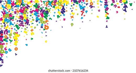 Cartas en inglés que caen. Palabras voladoras brillantes del alfabeto latino. Concepto de estudio de lenguas extranjeras. Sorprendente cartel de regreso a la escuela con fondo blanco.
