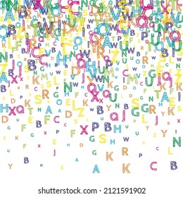 Falling letters of English language. Bright handdrawn flying words of Latin alphabet. Foreign languages study concept. Uncommon back to school banner on white background.
