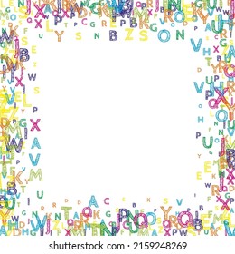 Falling letters of English language. Bright handdrawn flying words of Latin alphabet. Foreign languages study concept. Captivating back to school banner on white background.