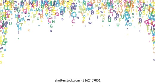 Falling letters of English language. Bright handdrawn flying words of Latin alphabet. Foreign languages study concept. Splendid back to school banner on white background.