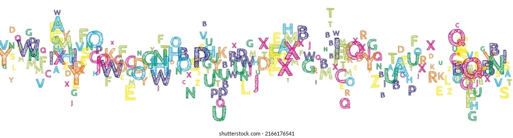 Fallende Briefe englischer Sprache. Helle, handgezeichnete fliegende Wörter des lateinischen Alphabets. Fremdsprachen lernen Konzept. Kreativ zurück zu Schulbanner auf weißem Hintergrund.