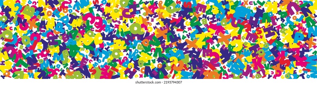 Falling letters of English language. Bright flying words of Latin alphabet. Foreign languages study concept. Memorable back to school banner on white background.