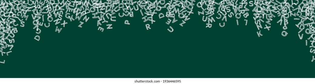 Falling letters of English language. Chalk sketch flying words of Latin alphabet. Foreign languages study concept. Imaginative back to school banner on blackboard background.