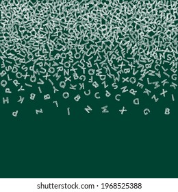 Falling letters of English language. Chalk sketch flying words of Latin alphabet. Foreign languages study concept. Juicy back to school banner on blackboard background.