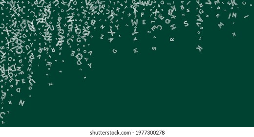 Falling letters of English language. Chalk handdrawn flying words of Latin alphabet. Foreign languages study concept. Authentic back to school banner on blackboard background.