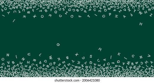Falling letters of English language. Chalk sketch flying words of Latin alphabet. Foreign languages study concept. Perfect back to school banner on blackboard background.